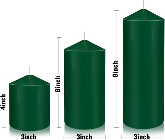 Pillar Candles 3 x 4, 6, and 8 inches, Large Handmade Candles Set of 3, Green Decorative Candles