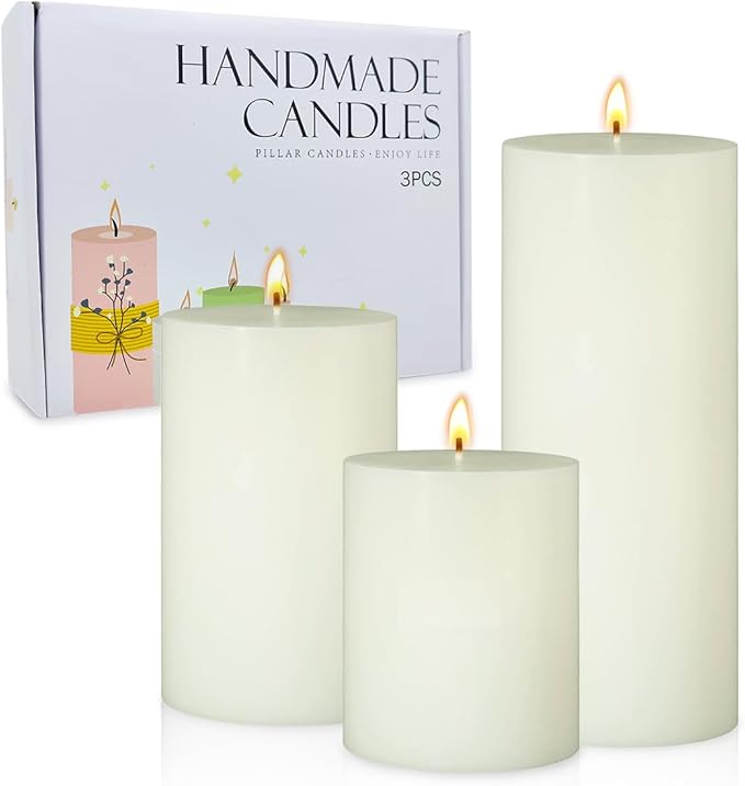Set of 3 Different Size Ivory Pillar Candles, Unscented Dripless 2.75x3, 2.75x4, 2.75x6 Inch Long