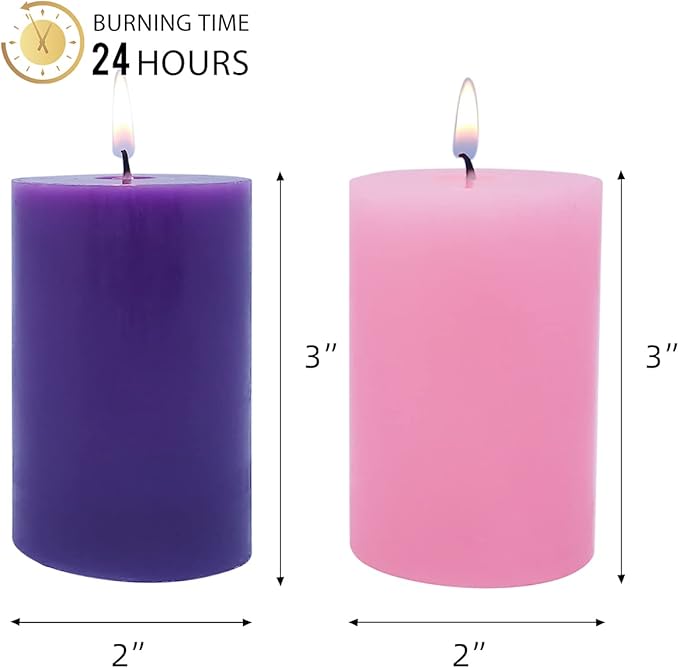 2x3 Inch Advent Pillar Candles Set of 4 Unscented Dripless Purple Pink Candles for Christmas