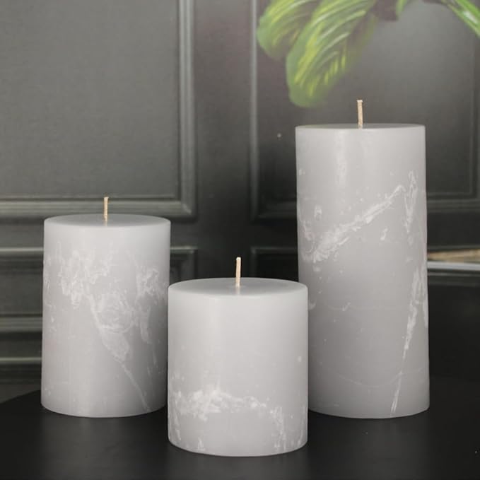 Simply Soson 3x4, 3x6, 3x8 inch Grey Pillar Candles, Set of 3 Pillar Candles, Rustic Texture
