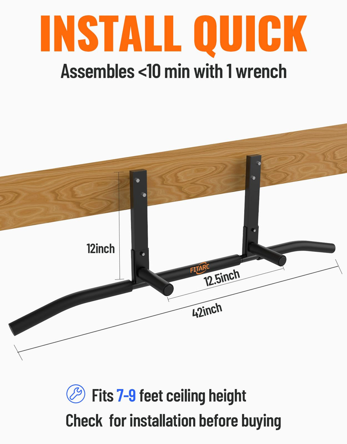 Fitarc Joist Mount Pull Up Bar, Home Gym Workout Equipment, 440lbs Max