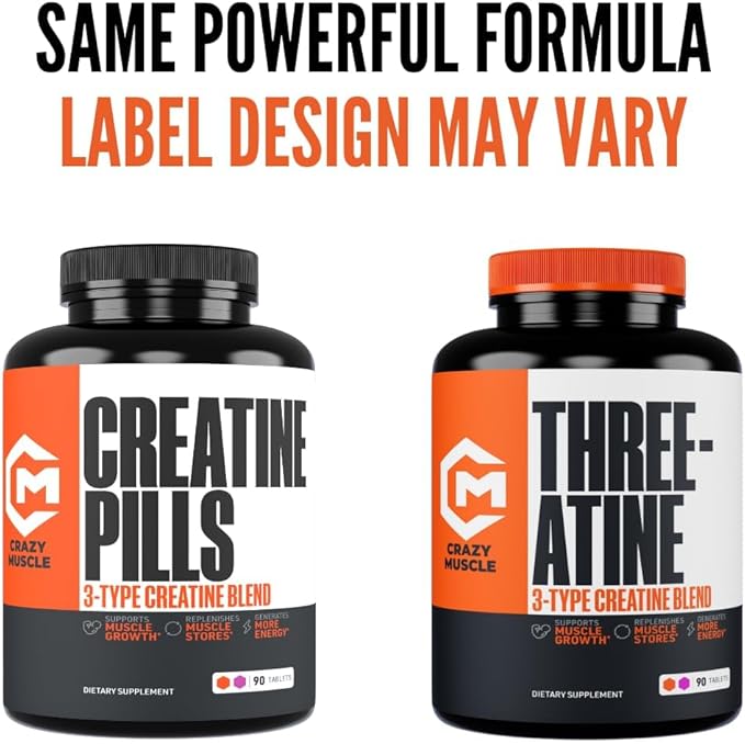 Crazy Muscle, Creatine Pills, 5g 3X Pure Creatine Monohydrate, Pre Workout Bulk Muscle Mass Gainer