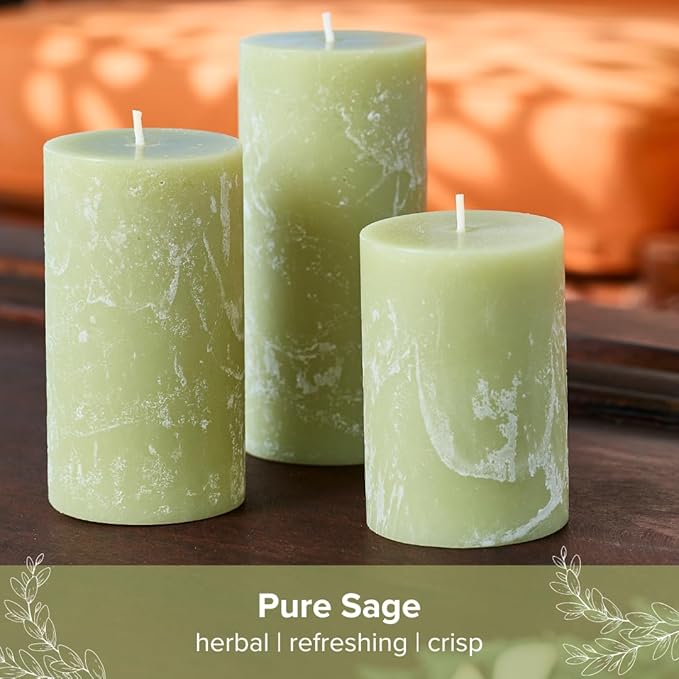 Simply Soson 3x6 inch Green Sage Rustic Pillar Scented Candle - 3 Pack - for Home Decor