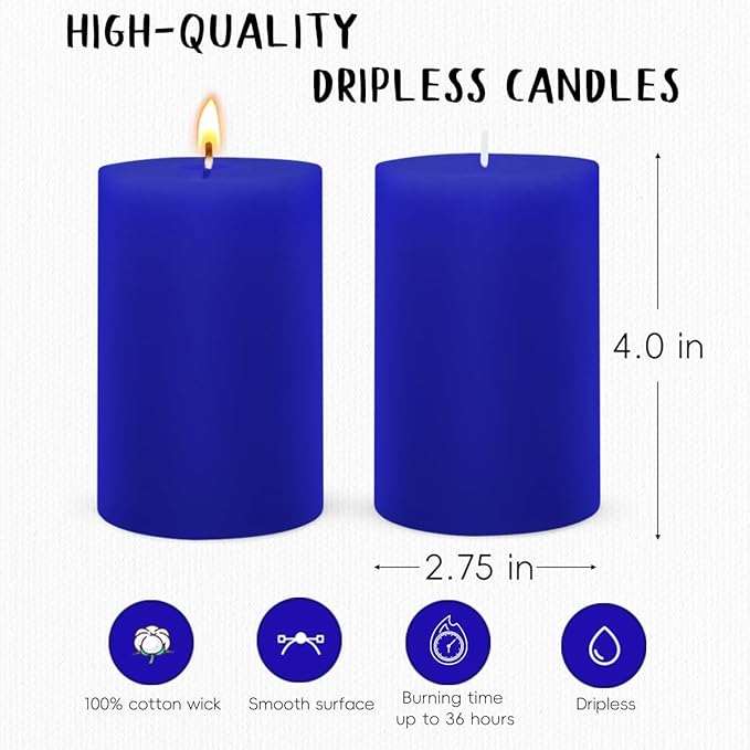 6 Packs 2.75x4 Inch Blue Colored Pillar Candles, Unscented Dripless Cylinder Wax Candles for Home