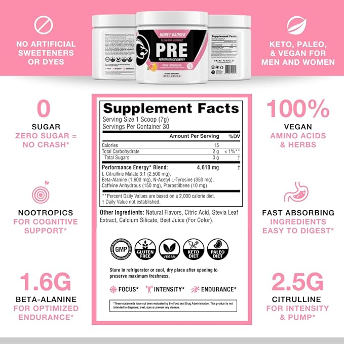 Honey Badger Pre Workout Powder, Keto Vegan Preworkout for Men & Women, Beta Alanine & Caffeine