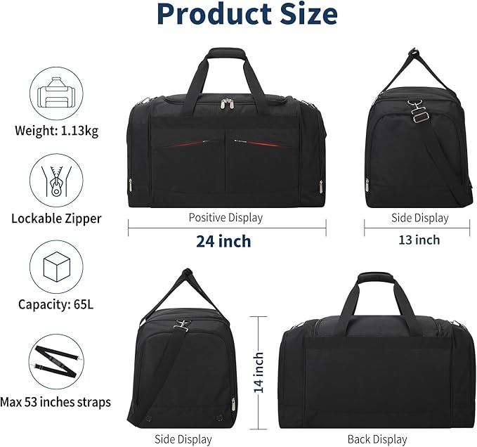 24 inch Large Gym Bag for Men - 65L Hard Bottom Duffle Bag with Shoes Compartment for Sport/Travel