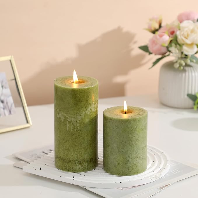 3x6 inch Green Pillar Candles Set of 3, Unscented Pillar Candle, Dripless and Smokeless Large