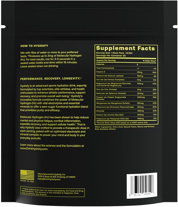 Hydrogen Water + Electrolytes Drink Mix | H2 Hydration Packets with Molecular Hydrogen, Sodium