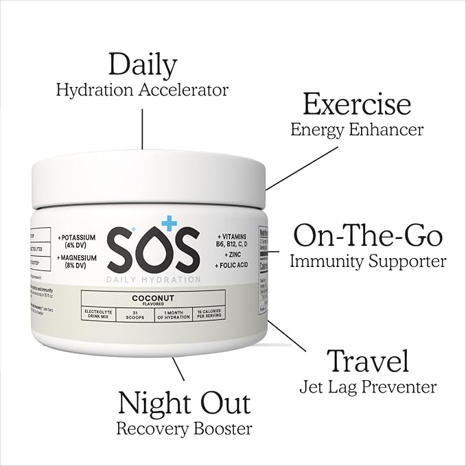 SOS Hydration Coconut Electrolyte Drink Mix (31 Servings) – Low Sugar, 15 Calorie, Keto-Friendly &