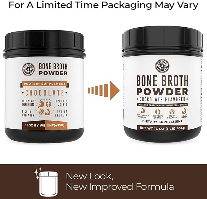 16oz Chocolate Bone Broth Protein Powder From Grass Fed Beef - Non-GMO Ingredients, Gut-Friendly