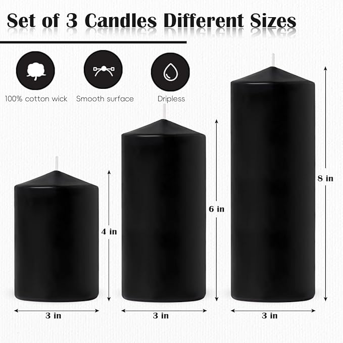 Set of 3 Different Size Black Pillar Candles, Unscented Dripless Large 3x4 3x6 3x8 Inch Long