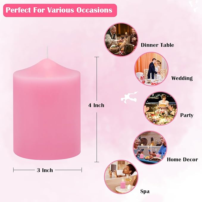 Unscented Pink Pillar Candles, 45 Hour 3x4 Inch Dripless Tapered Fat Column Cylinder Candles for