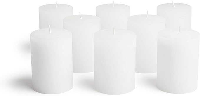 Mottled Pillar Candles by Bask - Set of 8-3" x 4" Dripless Unscented Candles in White for Home