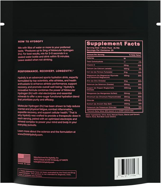 Hydrogen Water + Electrolytes Drink Mix | H2 Hydration Packets with Molecular Hydrogen, Sodium