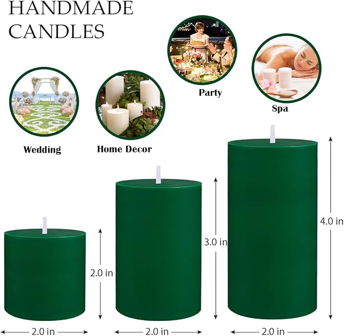 Green Unscented Pillar Candles 3-Pack ??Dripless & Smokeless, Long-Burning Thick Candles (2",3",4"