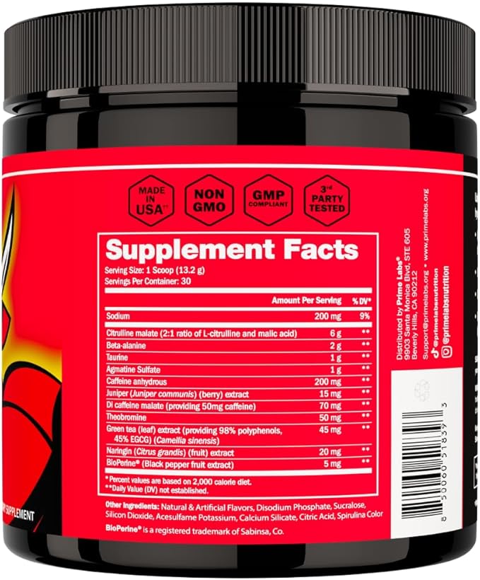 Prime Labs Pre Workout Powder for Men - with Citrulline Malate, Beta-Alanine, and Natural Caffeine