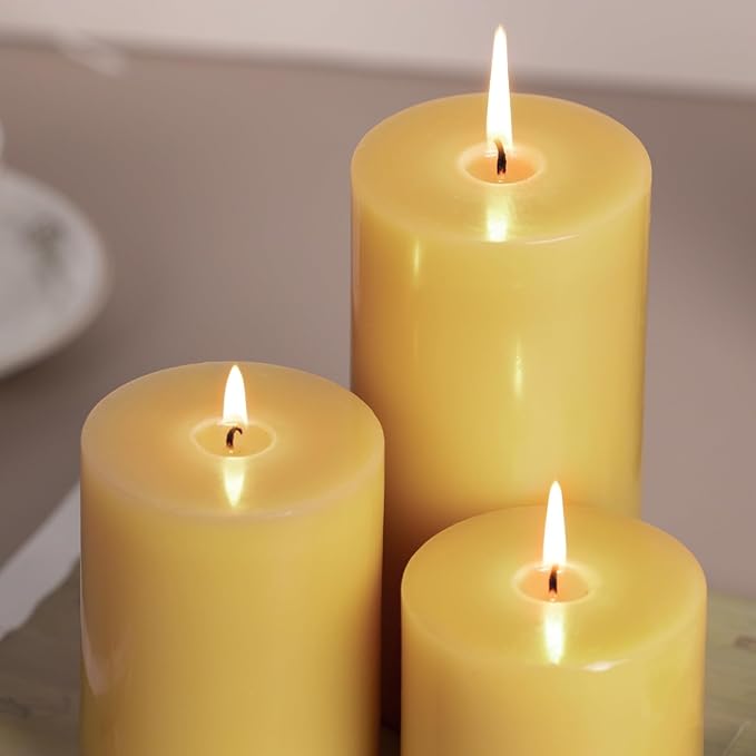 KONNI Mustard Yellow Pillar Candles Set of 3, 3"x 4" Unscented Pillar Candles Bulk, 39 Hours Long