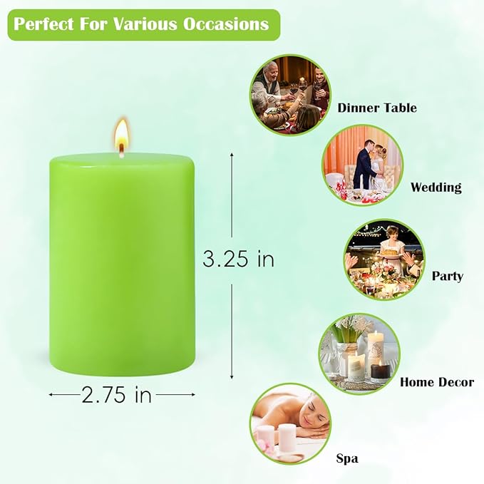 6 Packs 2.75x3.25 Inch Light Green Color Pillar Candles, Unscented Dripless Non-Toxic Smokeless