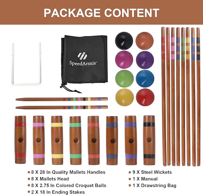 28In Croquet Party Set for 8 Players - Made of Long-Lasting Pine Wood, Family Fun for Backyards