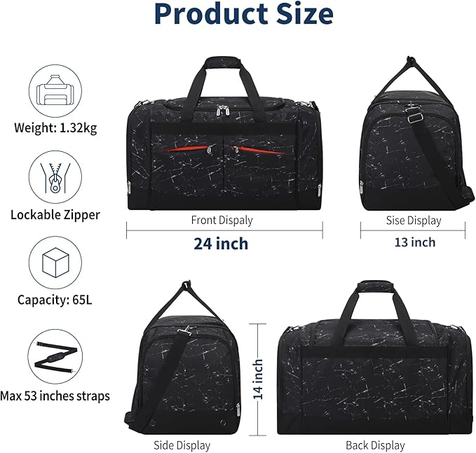 24 inch Large Gym Bag for Men - 65L Hard Bottom Duffle Bag with Shoes Compartment for Sport/Travel