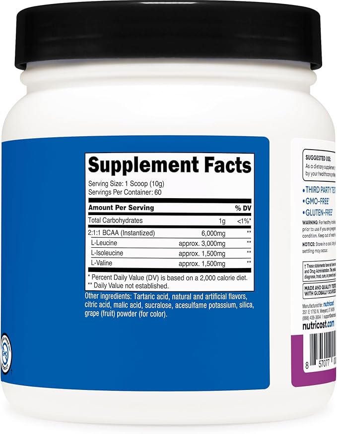 Nutricost BCAA Powder (Grape, 60 Servings) - Optimal 2:1:1 Ratio, Vegetarian Friendly, Non-GMO