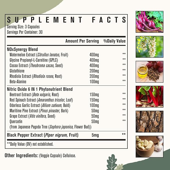 Nitric Oxide Supplement for Men - Precursor and Phytonutrient Blend for Energy, Oxygenation, and