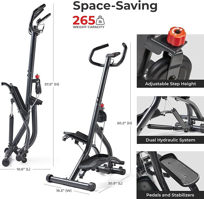 Sunny Health & Fitness Stair Stepper w/Handlebar, Extended Step Range Climber Machine for Legs