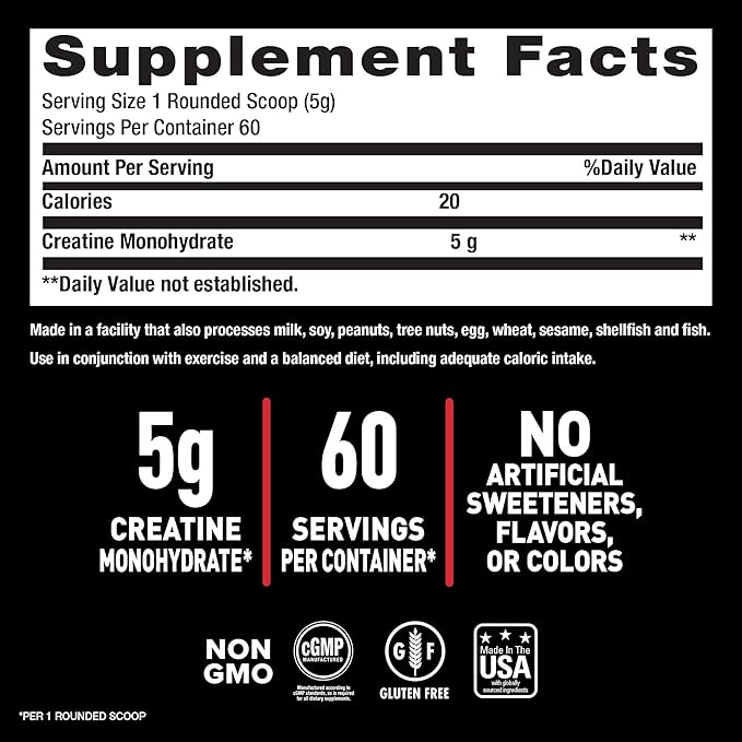 Body Fortress 100% Micronized Creatine Monohydrate Powder, 300g (60 Servings, 5g Scoop)