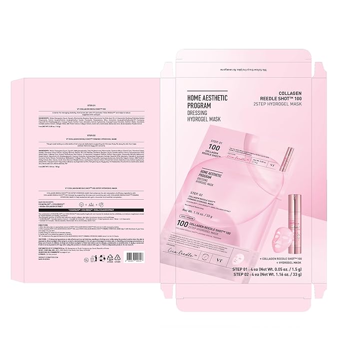 VT COSMETICS Collagen Reedle Shot 100 2-Step Hydrogel Mask(34.5gx4ea), Intensive Firming, Exosome