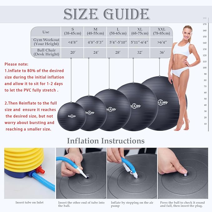 Soft Exercise ball, Anti-Burst Yoga Ball Chair Supports 2200lbs, Workout Equipment w/ Pump for