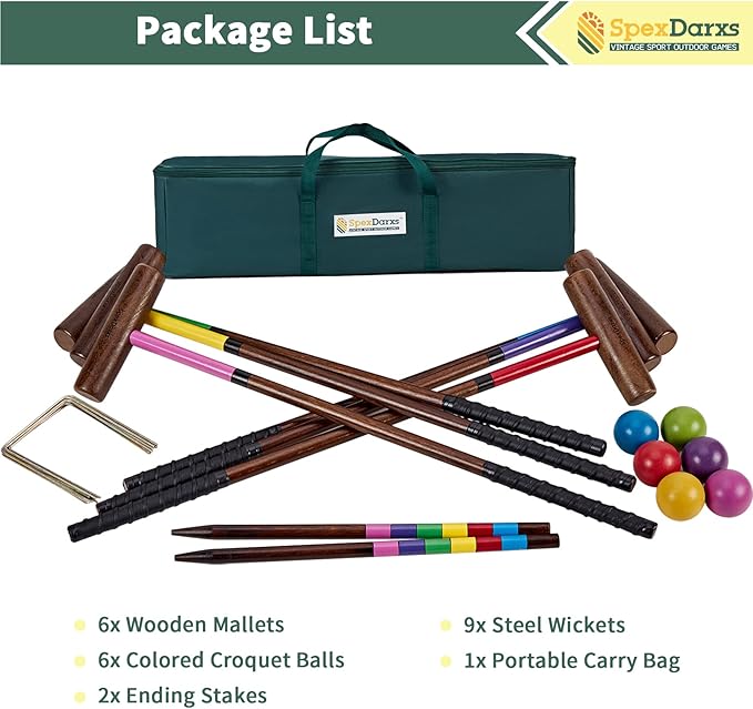 Six Player Croquet Sets, 35’’ Croquette Set with Premium Wooden Mallets/Colored