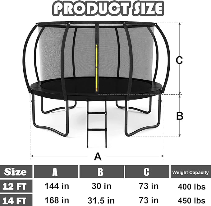 Trampoline 12FT 14FT 15FT 16FT for Kids/Adults - Outdoor Recreational with Enclosure Net Curved