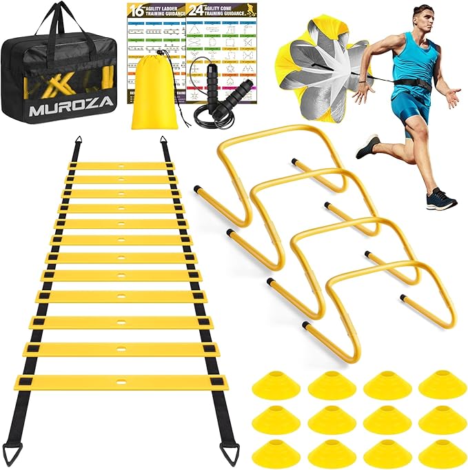 Agility Ladder, Speed Training Equipment Set, 20ft Agility Ladder, 12 Soccer Cones, 4 Hurdles, Jump