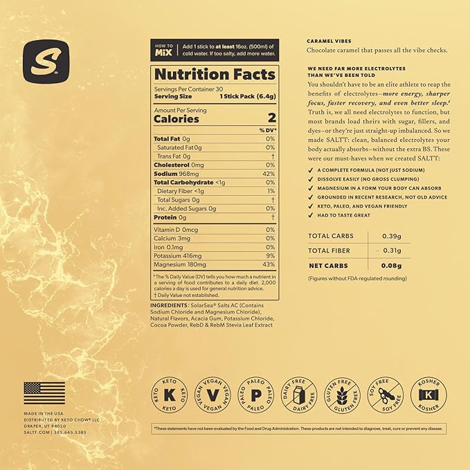 Keto Chow SALTT Electrolytes Powder Packets, Caramel Vibes (30 Hydration Packets) - Magnesium