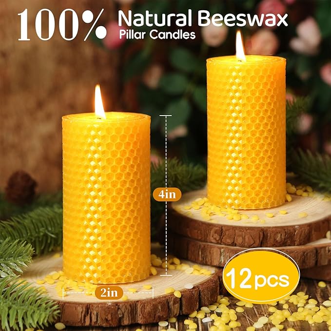 12 Pack Honeycomb Beeswax Candles,240 Hours Long Burning Natural Handmade Beeswax Rolled Pillar