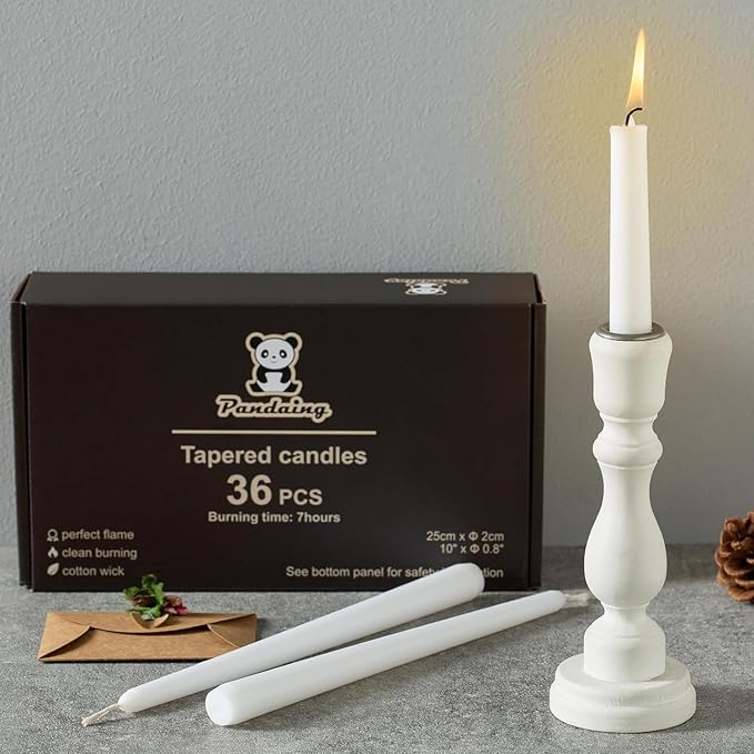 36 Pack White Taper Candles, 7-8 Hours Burn Time, Unscented, Smokeless and Dripless, 0.8 x 10 Inch