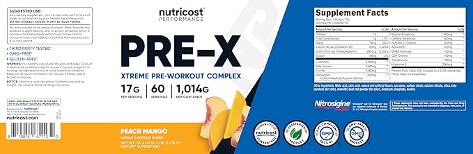 Nutricost Pre-X Xtreme PreWorkout Powder Complex, Peach Mango, 60 Servings, Vegetarian, Non-GMO and