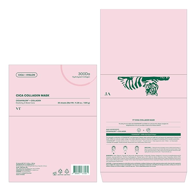 VT COSMETICS CICA Collagen Daily Mask 30 Sheets, 300Da Low Molecular Collagen for Skin Elasticity