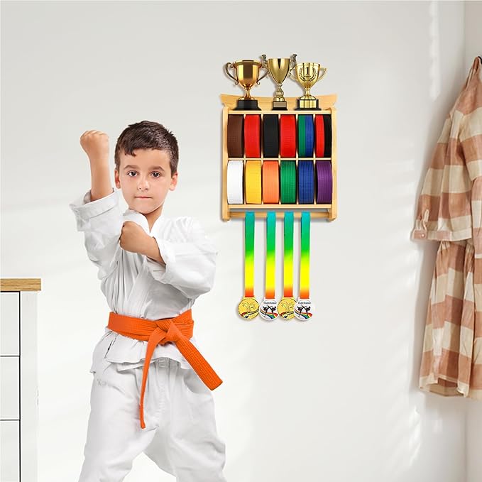 Tilhumt 12 Belts Karate Belt Display Rack with Trophy and Medal Display Rack, Taekwondo Belt