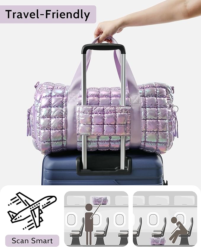 Quilted Duffel Bag for Women, Puffer Gym Duffle Bag with Shoe Compartment Lightweight Large