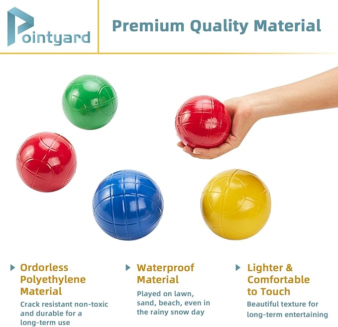 Pointyard 90mm Bocce Ball Set with 8 PE Balls, 1 Pallino, Carrying Bag, Measuring Tape - Family