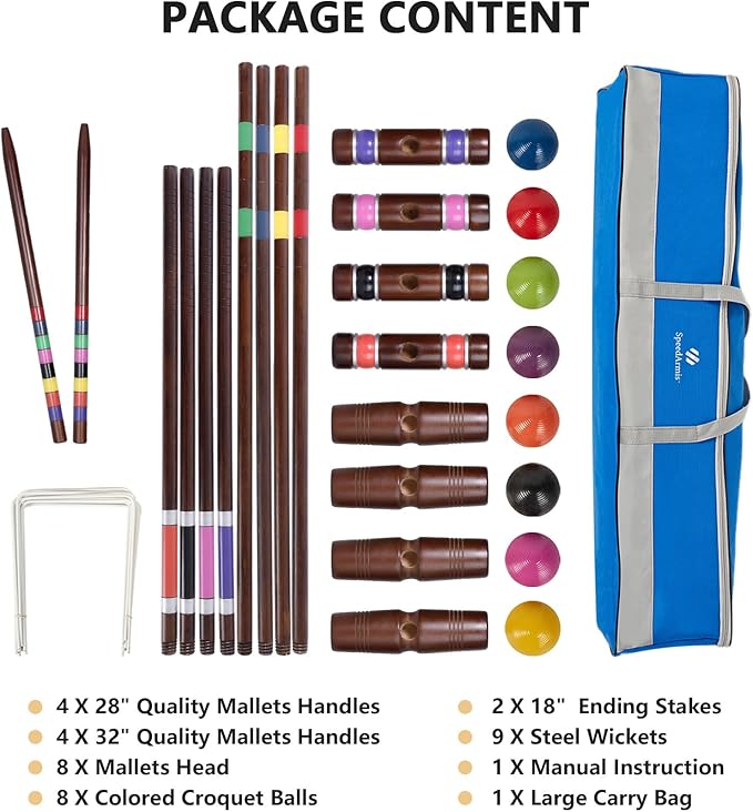 Deluxe 8 Players Croquet Set with 32In Regulation | 28In Standard Size Rubber Wood Mallets, Colored