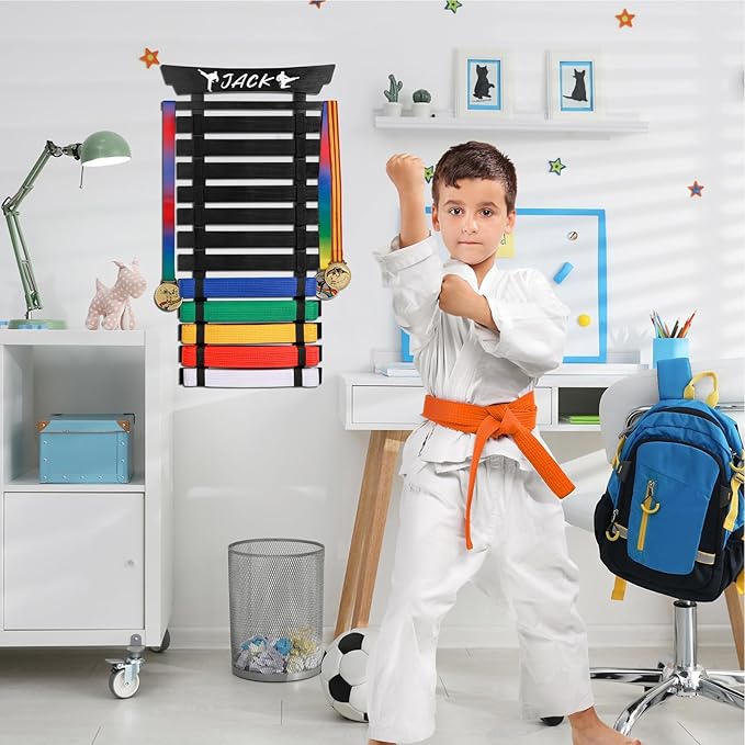 12 Belts Karate Belt Display Rack with Stickers, Martial Arts Belt Display Holder, Taekwondo Belt