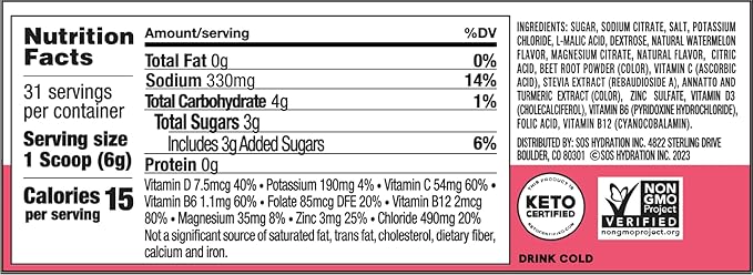 SOS Hydration Electrolyte Drink Mix (31 Servings) ??Low Sugar, 15 Calorie, Keto-Friendly & Rapid