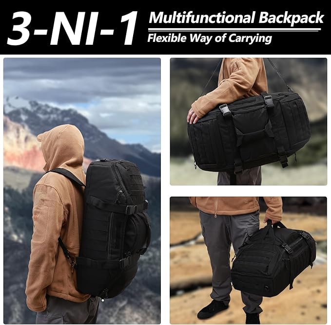 55L Large Duffle Bag, 3-in-1 Tactical Backpack MOLLE Pack for Sports, Gym, Outdoor, Black