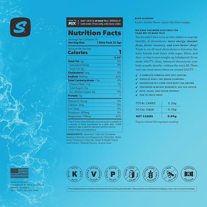 Keto Chow SALTT Electrolytes Powder Packets, Blue Slushies (30 Hydration Packets) - Magnesium