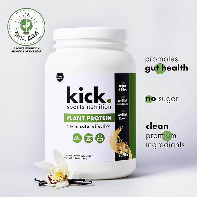 Kick Plant Protein Powder, Vanilla Flavor, 20 G Protein, Gluten Free Workout Supplement with Aminos