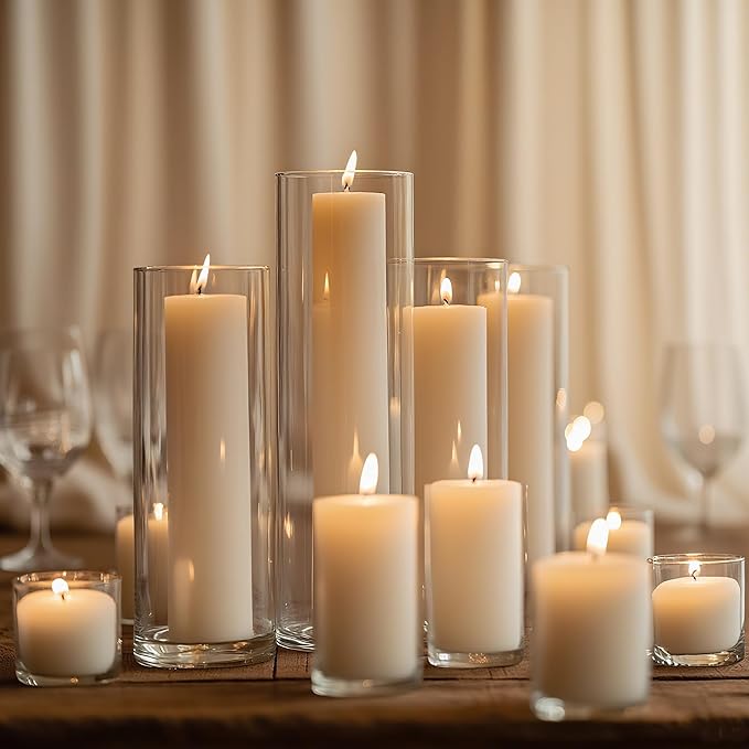 24 Pcs White Pillar Candles with Glass Candle Holder Hurricane Glass Candle Holders Clear Cylinder