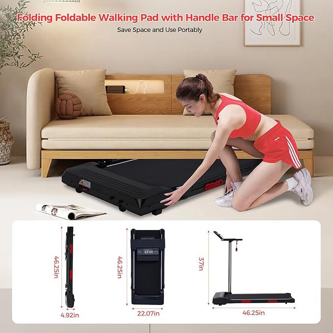 Electric Walking Pad with Handle Bar, 0.6-10MPH Portable Walkingp Pads Treadmills with Handles for