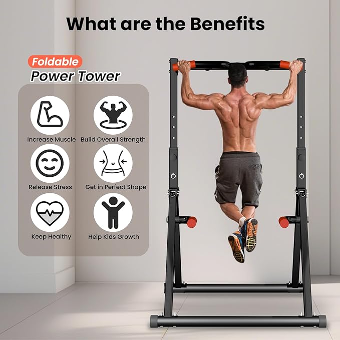 Power Tower Pull Up Dip Station Foldable, Pull Up Bar Station Adjustable, Multi-Function Home Gym